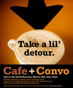 Cafe Convo image of a coffe cup on top of a detour sign