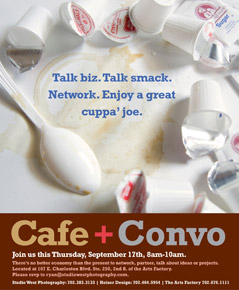 Cafe Convo image of stained table cloth with coffee cup rings and used cream packets